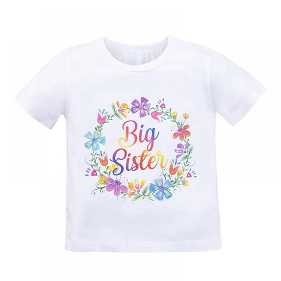 LOVEBAY Kids Outfits Sister Matching Outfits For Baby & Little Girl Crew Neck Cute Letter Print T-shirt Summer Plain Top Tees Toddler Girls T-shirt