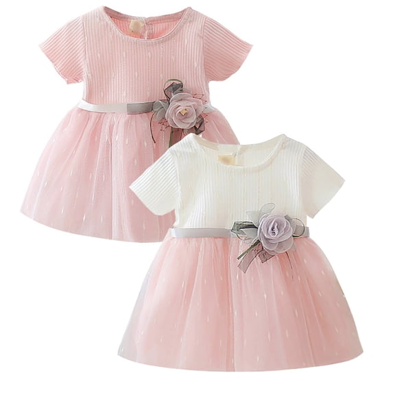 LOVEBAY Summer Toddler Kids Baby Girls Floral Short Sleeve Ribbing Stripe Princess Mesh Dresses Sundress