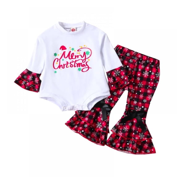 LOVEBAY Toddler Baby Girl Christmas Outfits Long Sleeve Letters Sweashirt Romper Bell Bottoms Pants Set Fall Winter Clothes Xmas 2PCS Winter Outfits