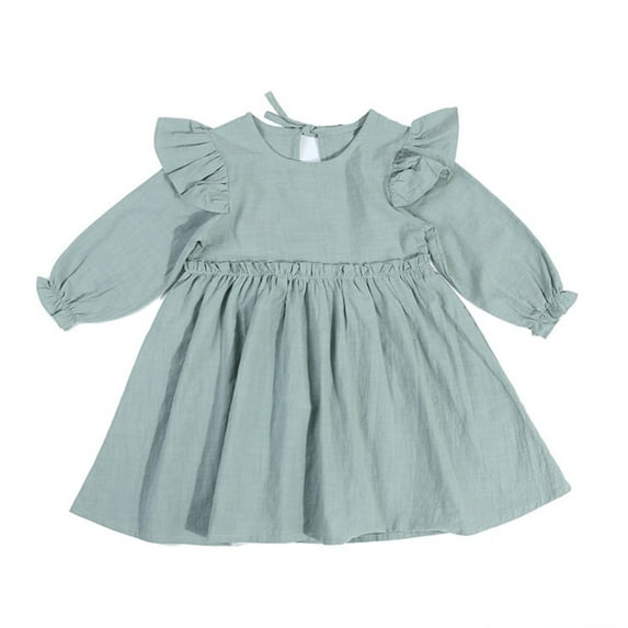 LOVEBAY Toddler Girl Long Sleeve Dress Ruffle Trim Swing Dress Round Neck Solid Color Dress