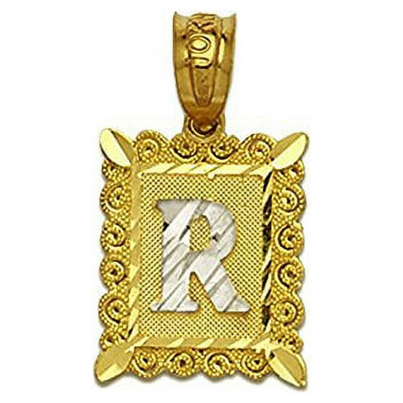 LOVEBLING 10K Two Tone Medium Block Initial Charm Pendant (R)