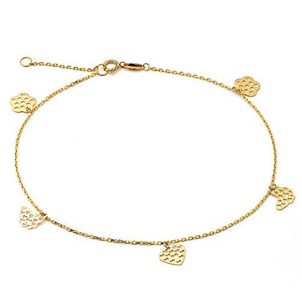 LOVEBLING 10K Yellow Gold .50mm Diamond Cut Rolo Chain w/Flower, Butterfly, Heart pendants Anklet Adjustable 9"-10" (#13)