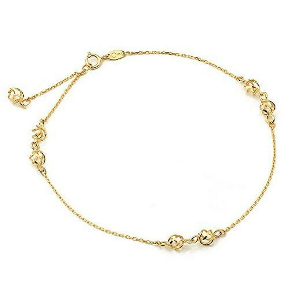 LOVEBLING 10K Yellow Gold .50mm Diamond Cut Rolo Chain with 3 Designer pendants Anklet Adjustable 9" to 10" (#22)