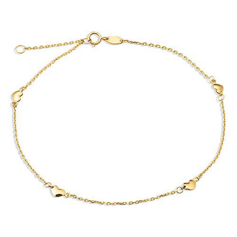 LOVEBLING 10K Yellow Gold .50mm Diamond Cut Rolo Chain with 4 Heart pendants Anklet Adjustable 9" to 10" (#16)