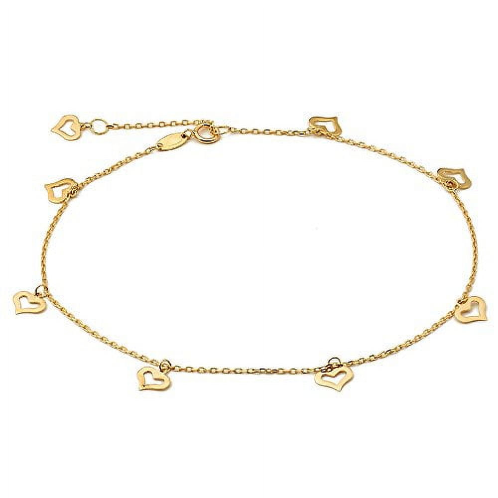 LOVEBLING 10K Yellow Gold .50mm Diamond Cut Rolo Chain with 8 Heart pendants Anklet Adjustable 9" to 10" (#12)