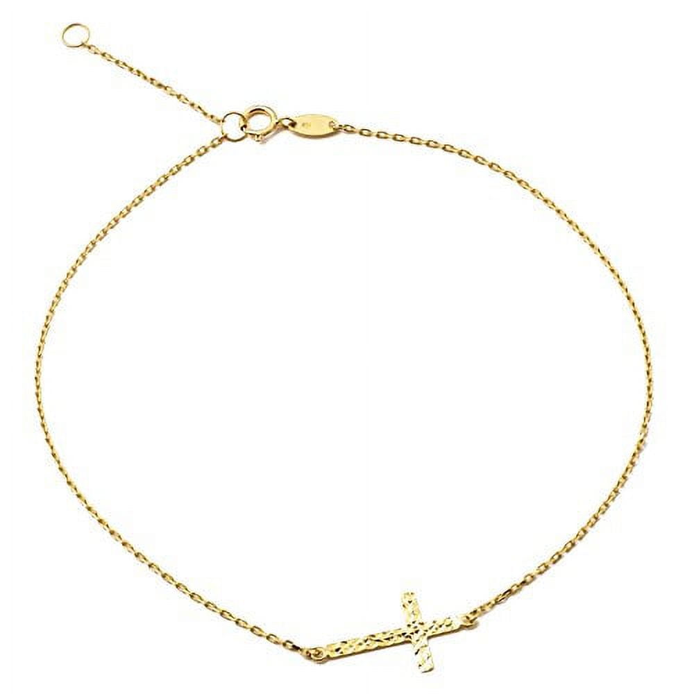 LOVEBLING 10K Yellow Gold .5mm Rolo Chain with Diamond Cut Cross Charm Anklet Adjustable 9" to 10" (#46)