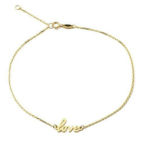 LOVEBLING 10K Yellow Gold .5mm Rolo Chain with Love Charm Anklet Adjustable 9" to 10" (#50)