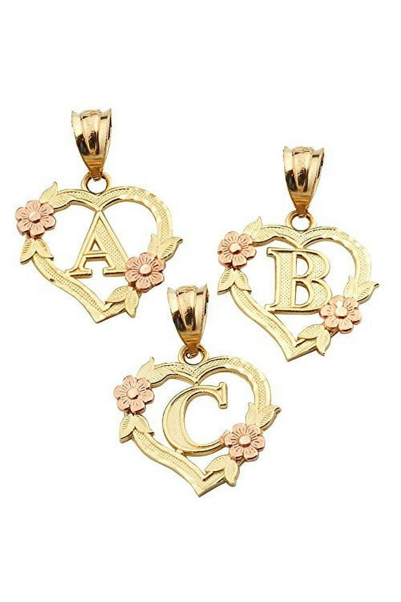 10K Yellow Gold Alphabet Initial Charm Necklace Pendant with Beautiful Heart and Rose Border (H)
