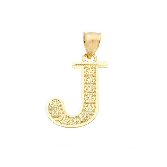 LOVEBLING 10K Yellow Gold Diamond Cut A to Z Alphabet Initial Letter Charm Necklace Pendant (Small) (J) (0.78")