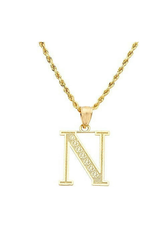 10K Yellow Gold Diamond Cut A to Z Alphabet Initial Letter Charm Necklace Pendant (Small) (N) (0.78")