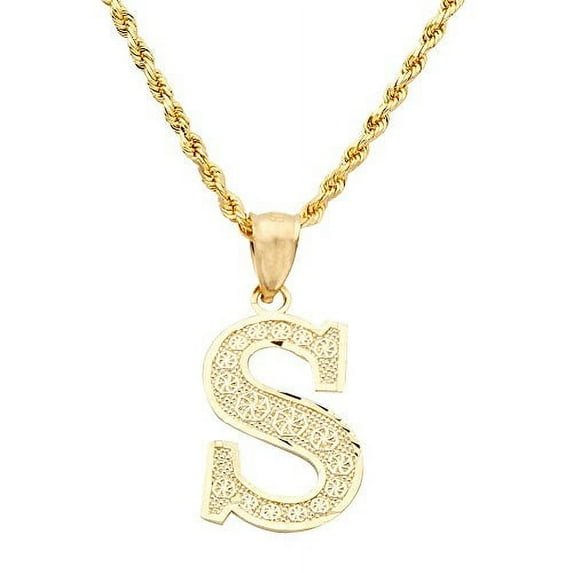 LOVEBLING 10K Yellow Gold Diamond Cut A to Z Alphabet Initial Letter Charm Necklace Pendant (Small) (S) (0.78")