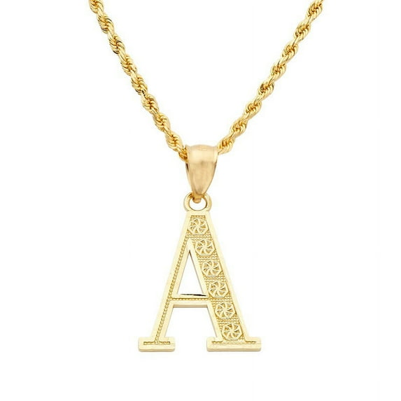 LOVEBLING 10K Yellow Gold Diamond Cut Alphabet Initial Letter Charm Pendant (Large Size) (A) (1.37")