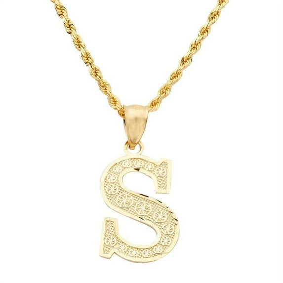 LOVEBLING 10K Yellow Gold Diamond Cut Alphabet Initial Letter Charm Pendant (Large Size) (S) (1.37")