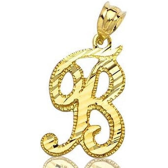 LOVEBLING 10K Yellow Gold Diamond Cut Cursive Initial Pendant Charms Available Letters from A to Z (B)