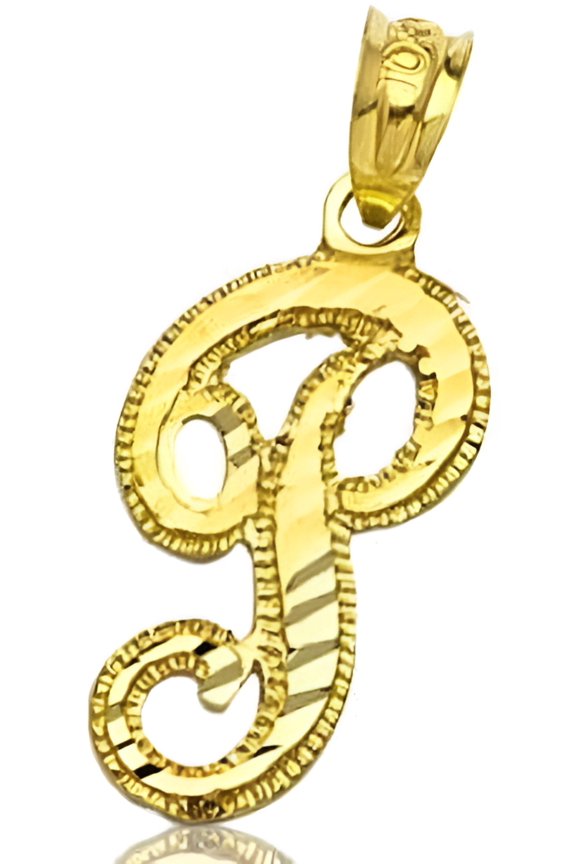 10K Yellow Gold Diamond Cut Cursive Initial Pendant Charms Available Letters from A to Z (P)