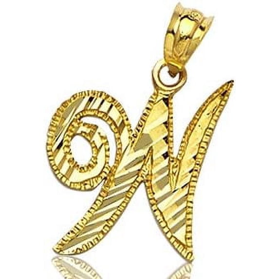 LOVEBLING 10K Yellow Gold Diamond Cut Cursive Initial Pendant Charms Available Letters from A to Z (W)