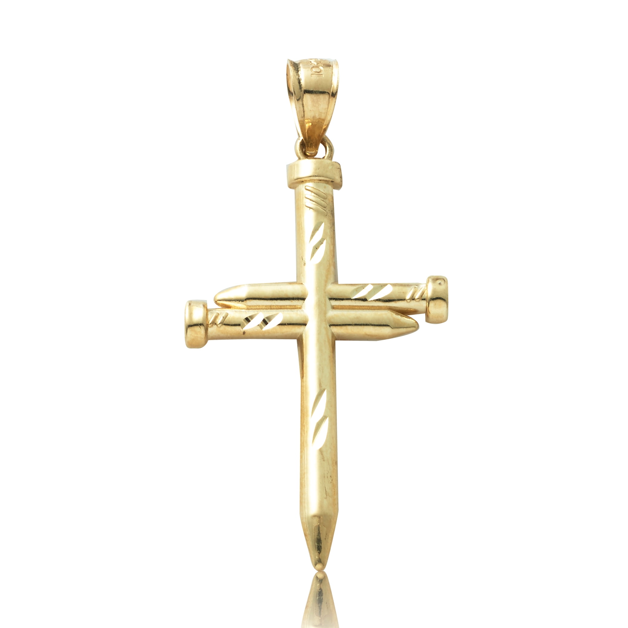 LOVEBLING 10K Yellow Gold Diamond Cut Triple Nail Cross Charm Pendant (Small: 1.83" x 0.88")