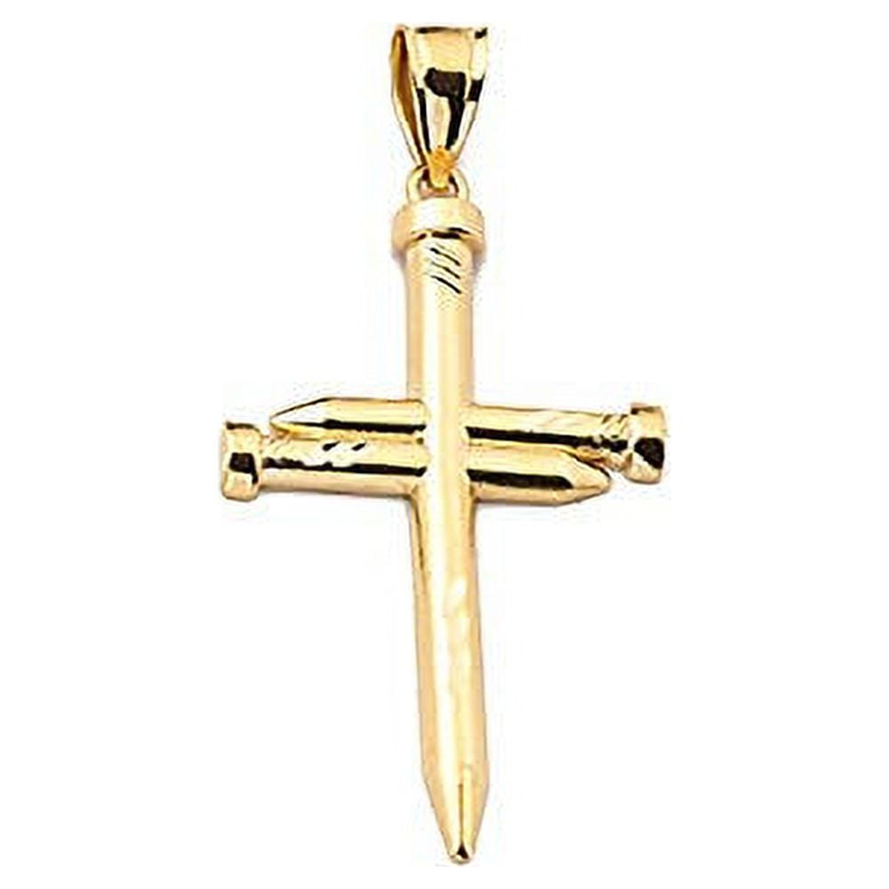 LOVEBLING 10K Yellow Gold Diamond Cut Triple Nail Cross Charm Pendant (Small: 1.83" x 0.88")