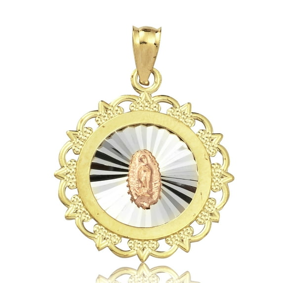 LOVEBLING 10K Yellow Gold Mother Mary Of Guadalupe Medallion Charm Pendant (1.16" x 0.84")