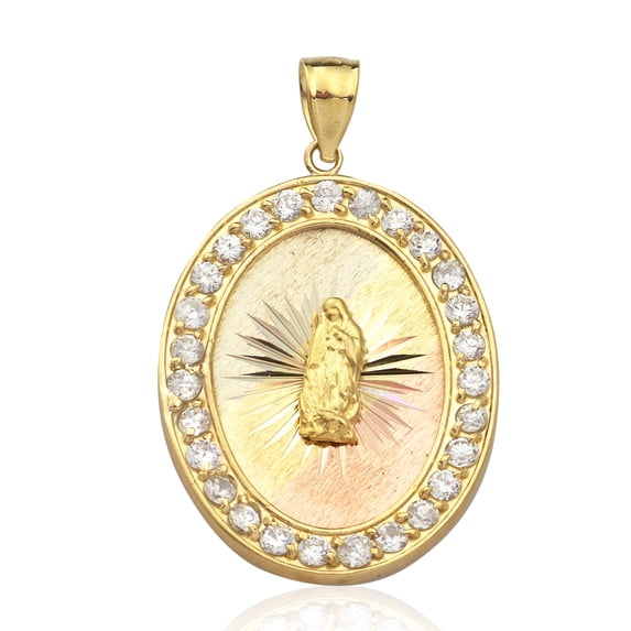 LOVEBLING 10K Yellow Gold Tri Color Virgin Mother Mary Medallion Pendant w/27 CZ Stones (1.70" x 1.03")