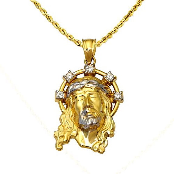 LOVEBLING 10K Yellow Gold Two-Tone Jesus Head with CZ Halo Pendant Charm (1.73" x 0.87")