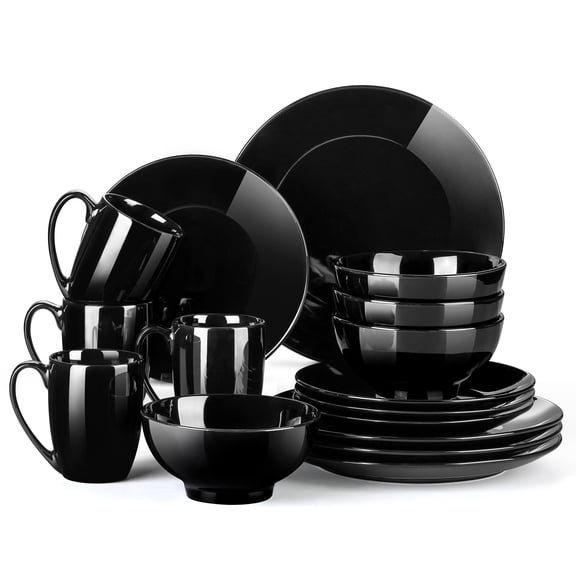 LOVECASA Dinnerware Sets, Porcelain Dinner Set for 4, 16-Piece Round Black, Series Sweet