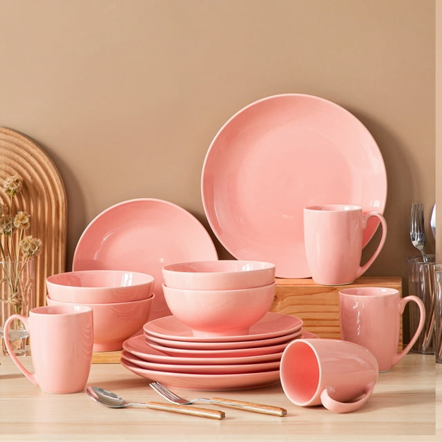 LOVECASA, Series Sweet, 16-Piece Porcelain Dinnerware Set, Pink Dinner Set, Service for 4