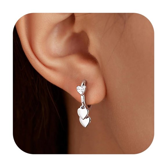 LOVECOM 925 Sterling Silver Heart Dangle Earrings for Women 14K Gold Plated Dainty CZ Love Hearts Charm Huggie Hoop Earrings to Daughter Birthday Wedding Jewelry Gifts (Silver) C113