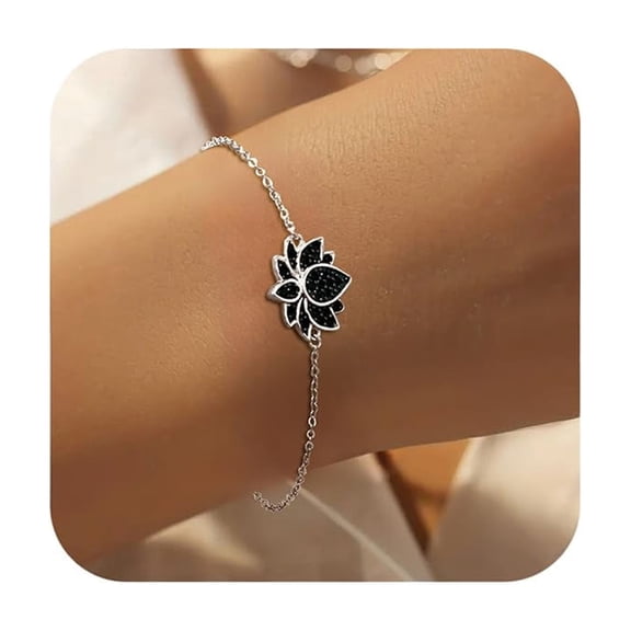 LOVECOM Dainty 14K Gold Plated Lotus Flower Bracelets Women 925 Sterling Silver Birth Flower Black Birthstone Link Chain Bracelet Inspirational Friendship Yoga Bracelets Jewelry Mom (Silver) C113