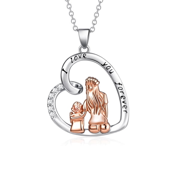 LOVECOM Mothers Day Gifts S925 Sterling Silver Big Heart Necklaces for Women I Love You Forever Mother Daughter Charm Pendant Necklace Cute Cubic Zirconia Chain Birthday Jewelry Gifts for Mom C113