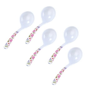 LOVERLYZ Set of 5 Large Soup Spoons with Handles, Plastic Imitation Ceramic Ladles for Soup, Porridge, Kitchen Use, Random Patterns