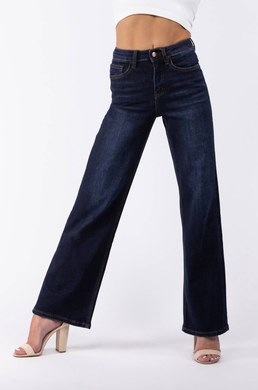 High Rise Wide Leg Chewed Hem Denim Jeans