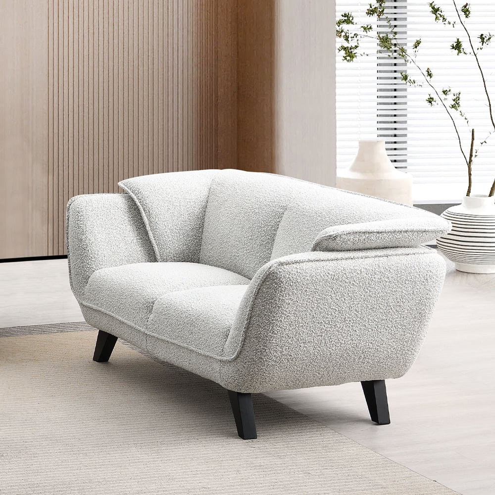 Light Gray Boucle Fabric and Wood Loveseat with Flared Arms