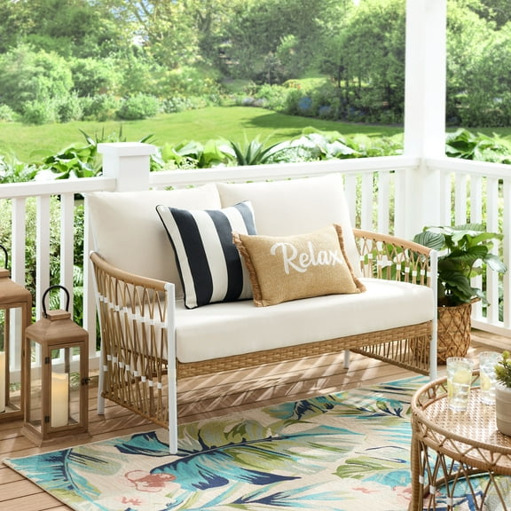 Better Homes & Gardens Lilah Outdoor Wicker Loveseat with White Cushions