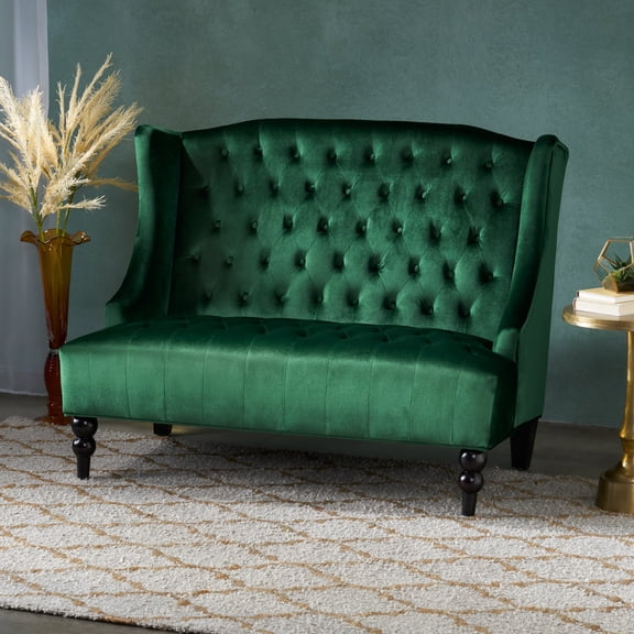 LOVESEAT high-back backrest and turned legs for a luxurious modern glam look.