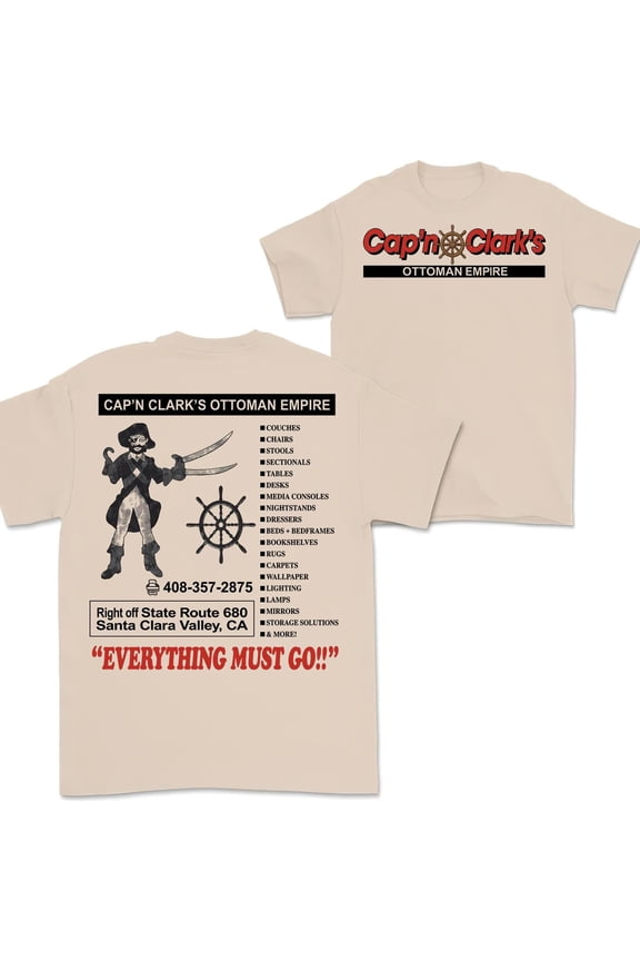 2 Sides Cap’n Clark’s Ottoman Empire Shirt, Funny Pirate Furniture Store Tee, Vintage 90s Ad Aesthetic, Retro CA Shirt, Sand M