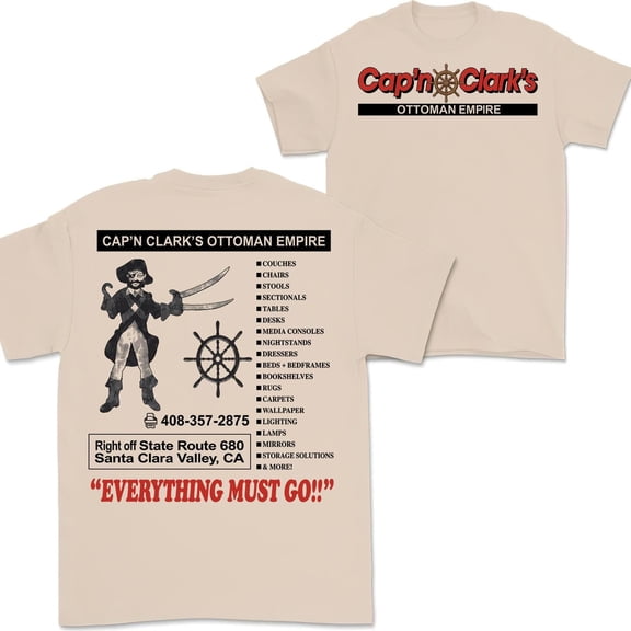 LOVETEE 2 Sides Cap’n Clark’s Ottoman Empire Shirt, Funny Pirate Furniture Store Tee, Vintage 90s Ad Aesthetic, Retro CA Shirt, Sand S