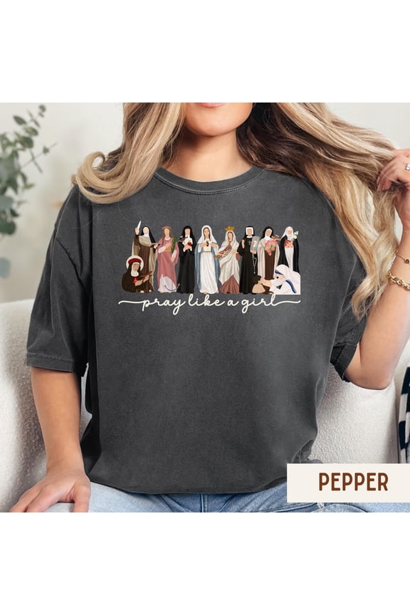 Comfort Colors Christian Tee, Pray Like A Girl, Marian Cross Shirt, Saint Shirt, Gift for Women, Grey 4XL