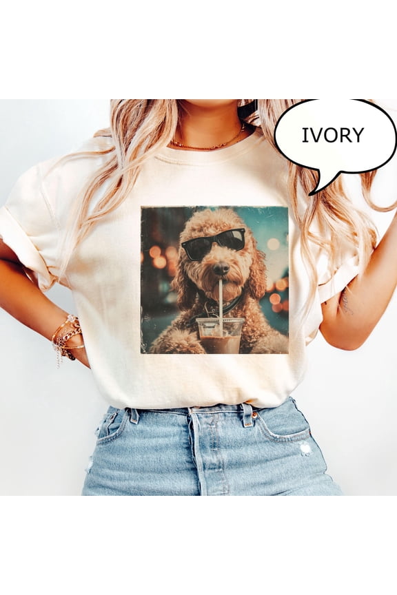 Comfort Colors® Cute Goldendoodle Drinking Iced Coffee T-Shirt, Dog Lover Gift, Coffee Dog Shirt, Pet Owner Gift, Ivory 2XL