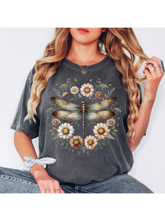 Comfort Colors® Dragonfly Shirt, Vintage Floral Dragonfly Shirt, Cottagecore Shirt, Botanical Insect Shirt, Nature Lover Gift Shirt, Graphite 2XL