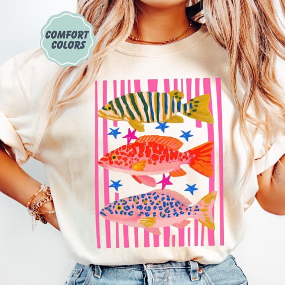 LOVETEE Comfort Colors Fish Shirt - Summer Boho Tee - Coastal Beach T-shirt - Tropical Bright Color Fish Tshirt - Retro Graphic Ocean Life Tee, Grey 3XL