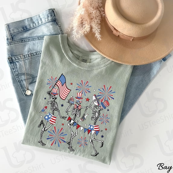 LOVETEE Comfort Colors Patriotic Skeletons Tshirt, Funny 4th Of July T-Shirt, Dancing Skeleton Tee, America 250 Apparel, 1776 To 2026 Shirts, Red S