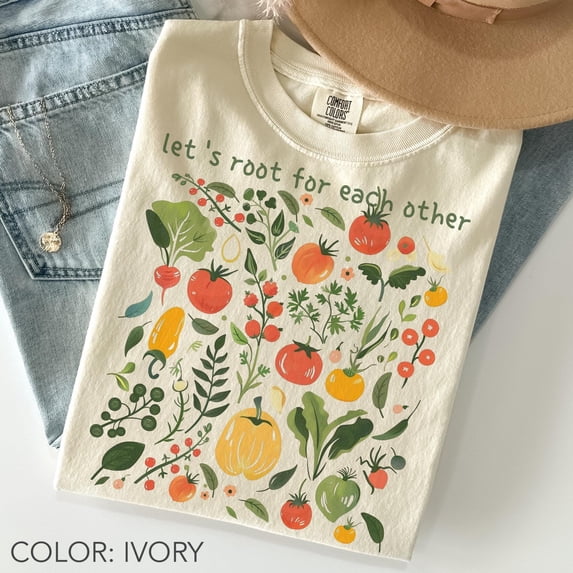 LOVETEE Comfort Colors® Let's Root For Each Other Vegetable Shirt, Botanical Garden Shirt, Tomato Turnip Veggie Lover Gift, Cottagecore Vegan Shirt, Ivory M