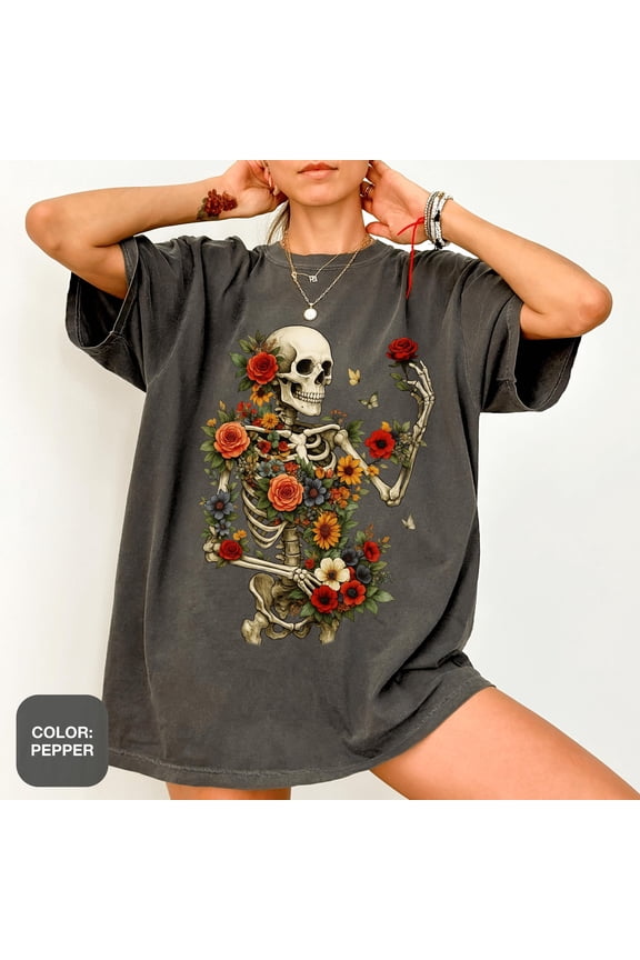 Dark Botanical Skeleton Shirt Comfort Colors® Gothic Cottagecore Tee Floral Skull Tshirt Dark Academia Boho Grunge Flower Boquet Skeleton, Graphite 4XL