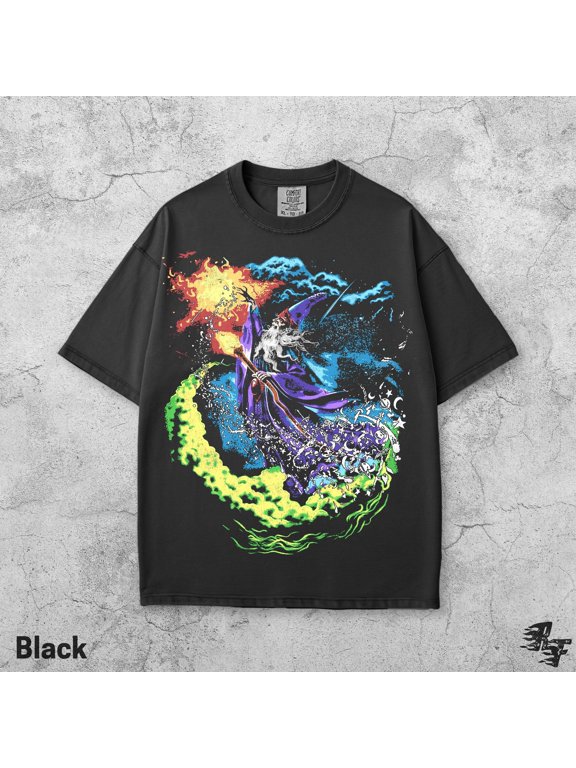 Fantasy Wizard Vintage 90s T-Shirt, Retro Sorcerer Magic Spell Shirt, Gothic Graphic Tee, Grunge Magical Y2K Top, Mystical Wizard Gift, Black S
