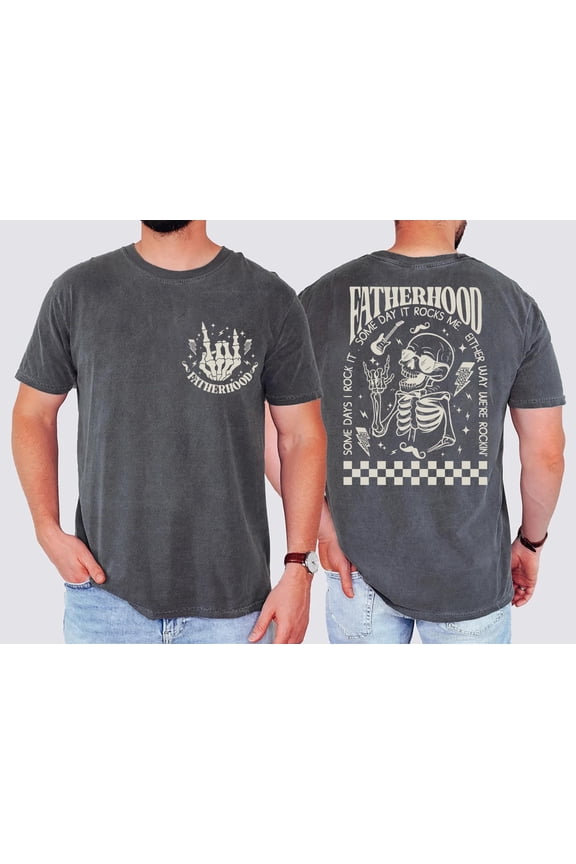 Funny Fatherhood Skeleton Shirt for Dad Rock and Roll Hand Tee Cool Retro First Time Dad Shirt 2025 Father’s Day Gift for Husband New Dad, Graphite S