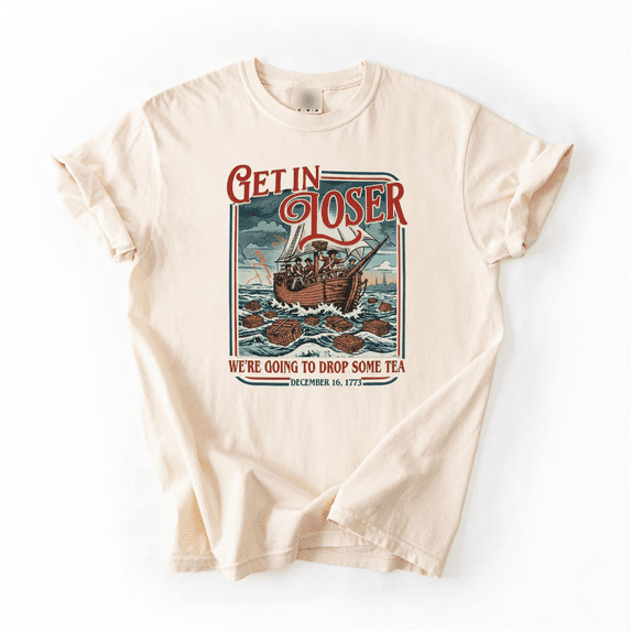 LOVETEE Get In Loser We're Going To Drop Some Tea Shirt, Funny Boston Tea Party T-Shirt, History Meme Graphic Tee, Retro 1773 Patriotic Shirt, Grey L