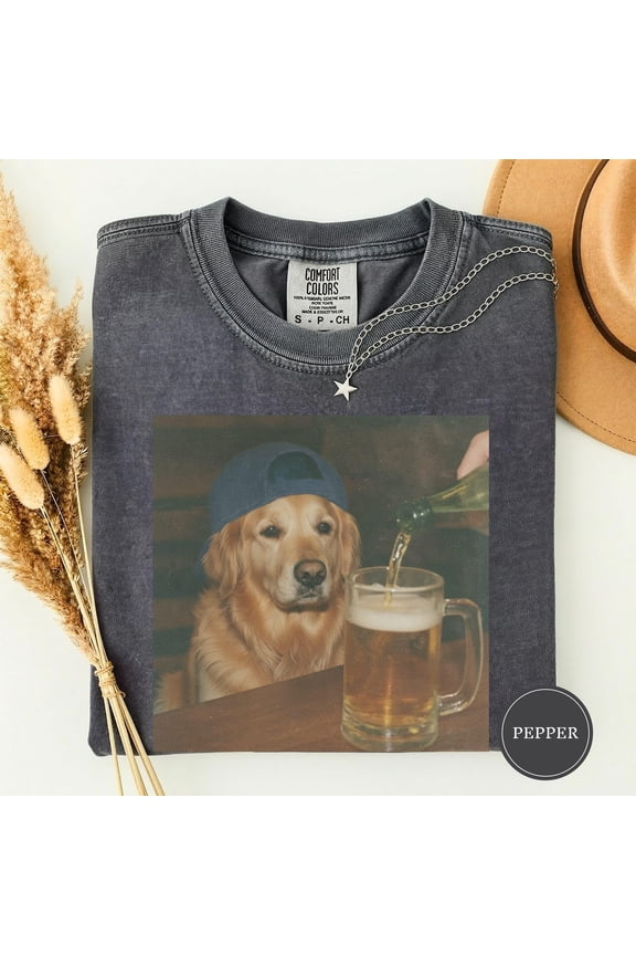 Golden Retriever Drinking Beer Shirt, Dog Meme Graphic Tee, Novelty Gift Shirt for Men Women, Black S