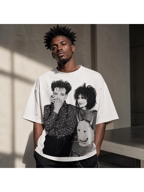 Goth Post Punk Duo Shirt, Vintage 80s Alternative Music Tee, Black and White New Wave Singer Portrait Graphic Shirt, Black 4XL