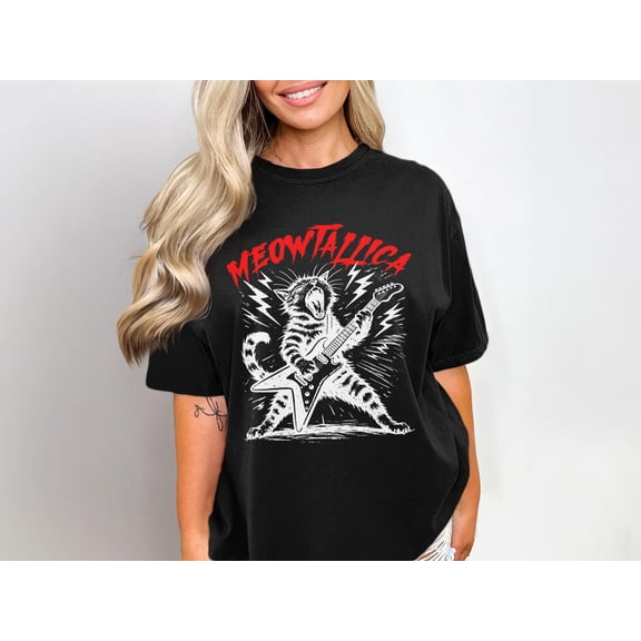 LOVETEE Meowtallica Cat Guitar T-Shirt, Retro Heavy Metal Band Tee, Sand S
